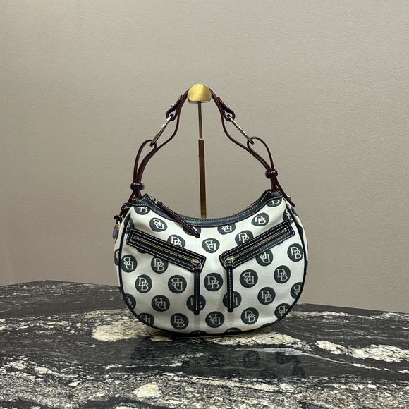 Dooney & Bourke Handbags - Dooney & Bourke Y2K White Logo Crescent Shoulder Bag with Dark Brown Trim